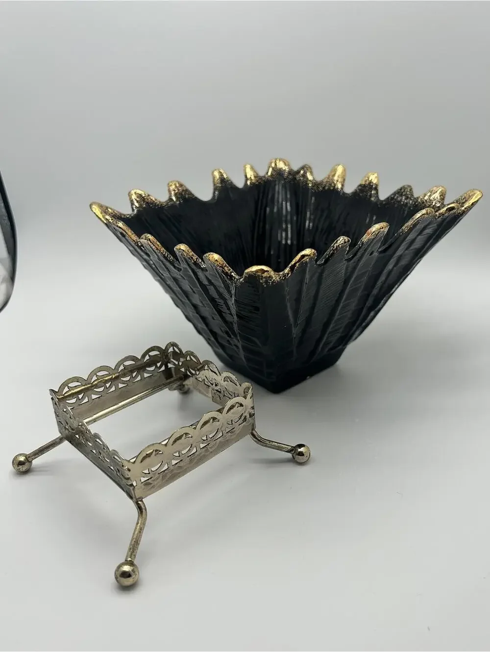 Vintage Black and Gold MCM pottery vase in Gold Stand